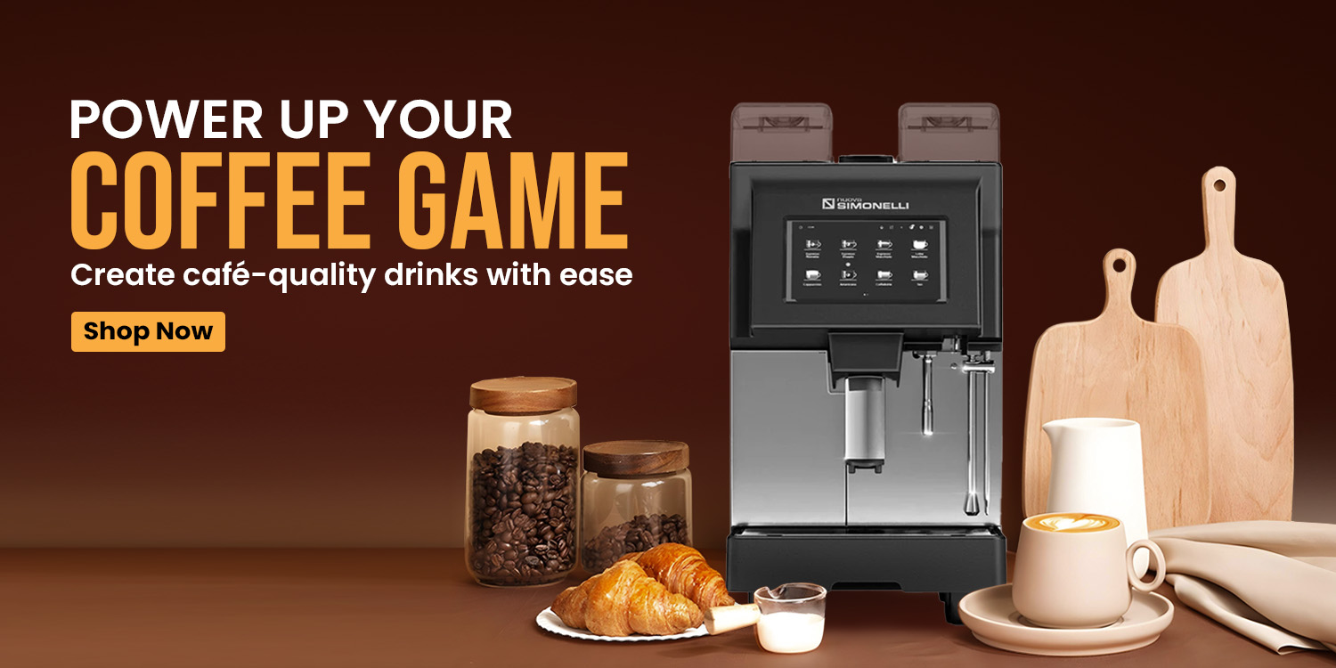 Automatic espresso coffee machine with touchscreen interface, flanked by jars of coffee beans, croissants, and café-style latte art.